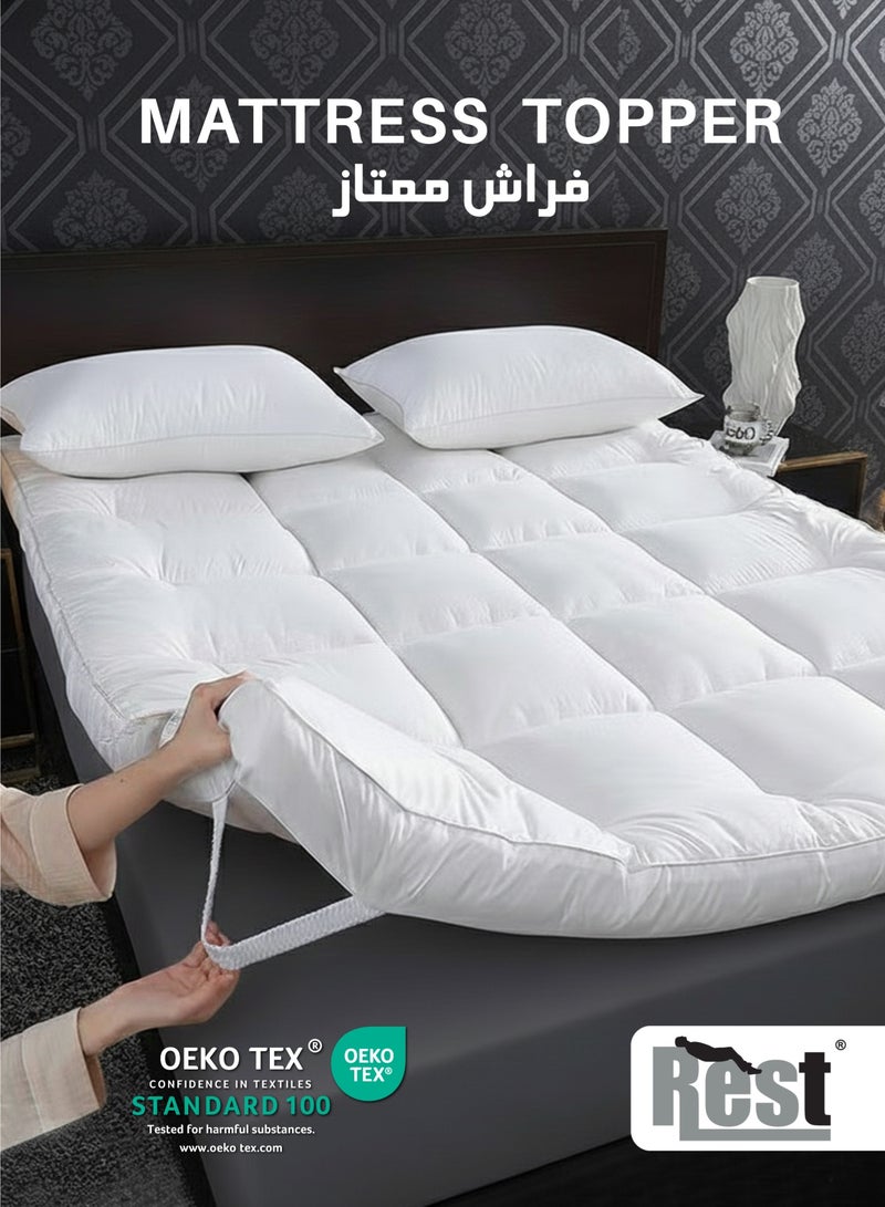 REST Mattress Topper 160x200+8cm Thick 900GSM Filling and Plush Brushed Fabric with 4-Side Elastic Bands for Secure Fit White Extra Thick Bed Topper Fluffy Super Soft Topper - Image 1